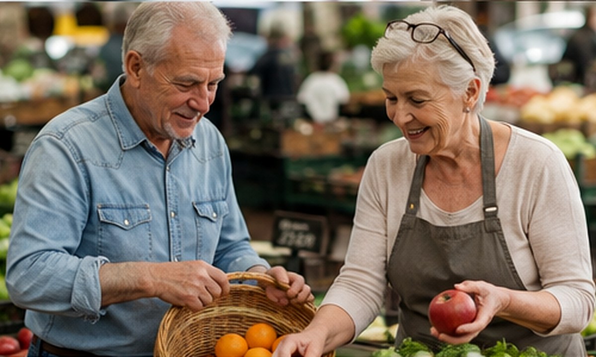 Doi seniori alegând produse într-o piață alimentară